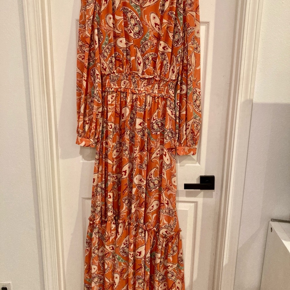 Bohme Vibrant Orange Paisley Long Sleeve Dress Boho